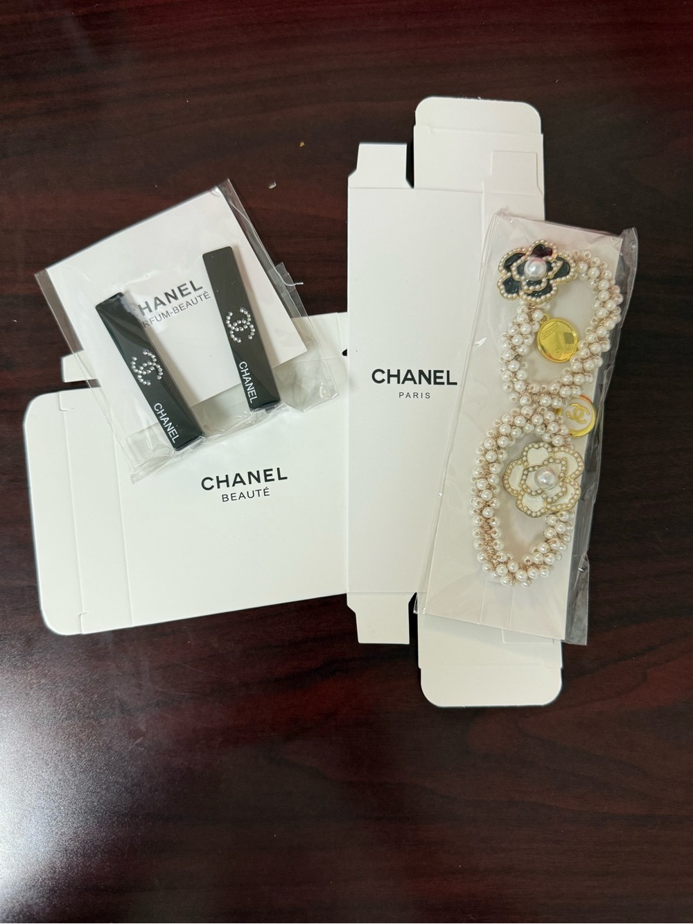 CHANEL Pearl Camellia Hair Accessory with Gold Accents